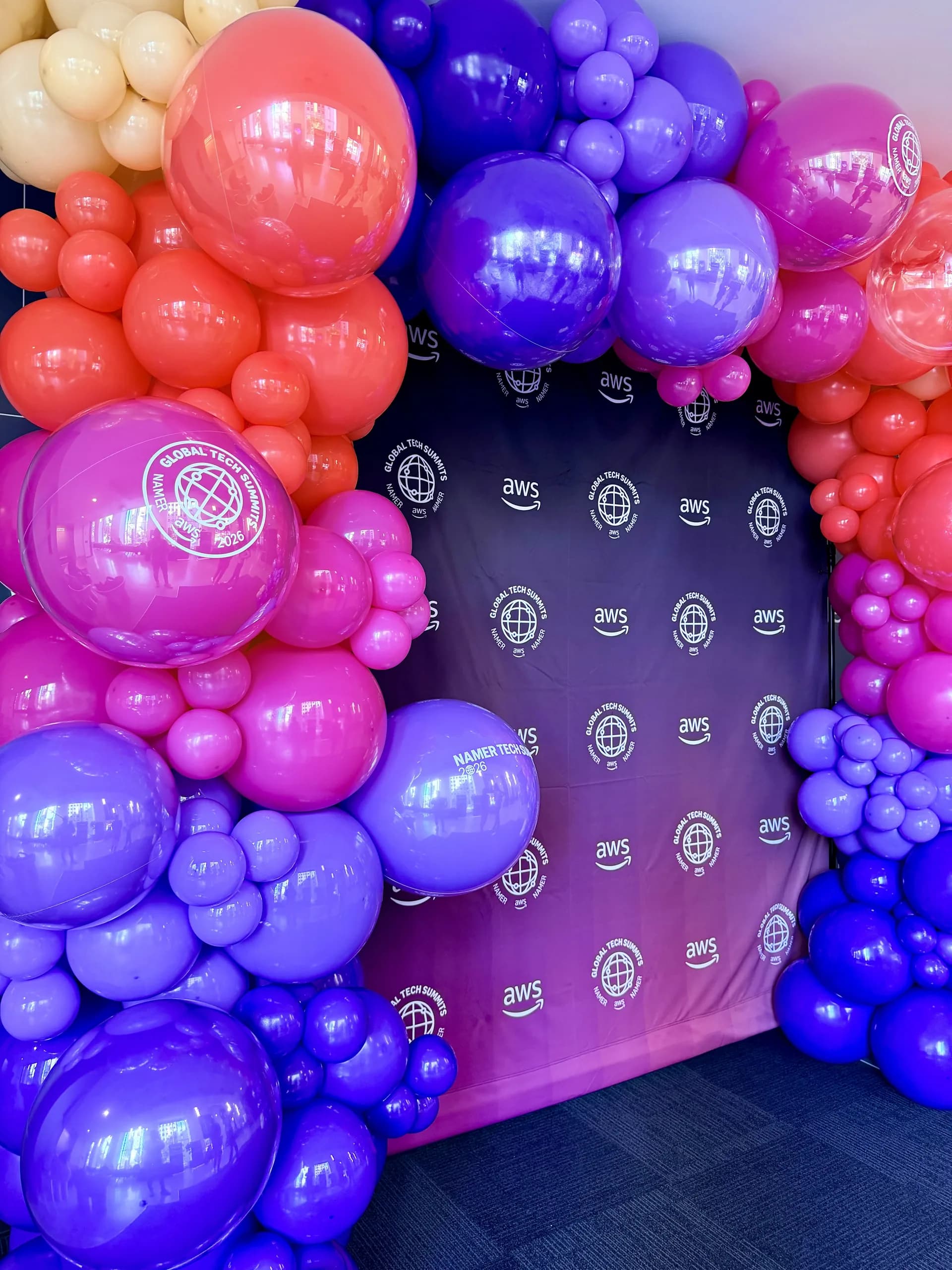 Corporate event décor by Balloon Décor: two statement balloon arches and a branded photo zone, San Francisco, California — view 6.