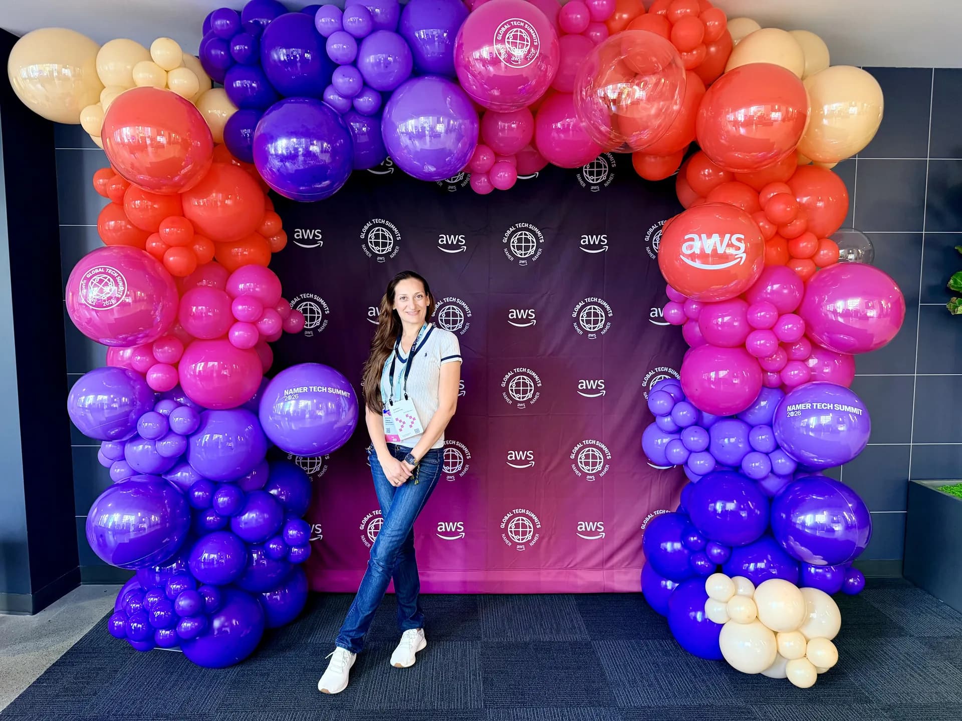 AWS's Tech Summit 2026 in San Francisco, California: two statement balloon arches and a branded photo zone, view 8 of 8.