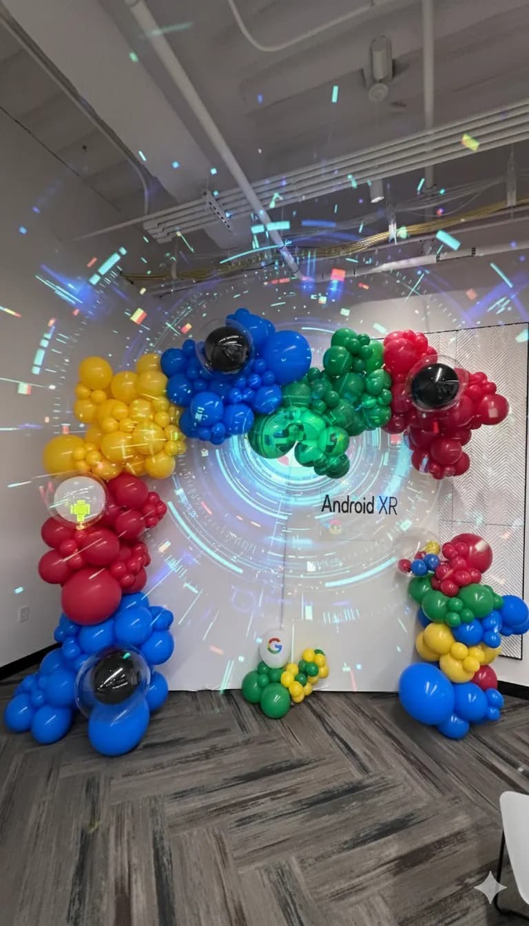 Branded organic balloon arch around an Android XR display wall for Google at the Android XR Office Event in San Francisco Bay Area.