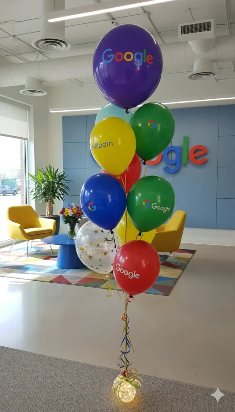 Branded helium balloon décor for Google at the Office Event in San Francisco Bay Area.