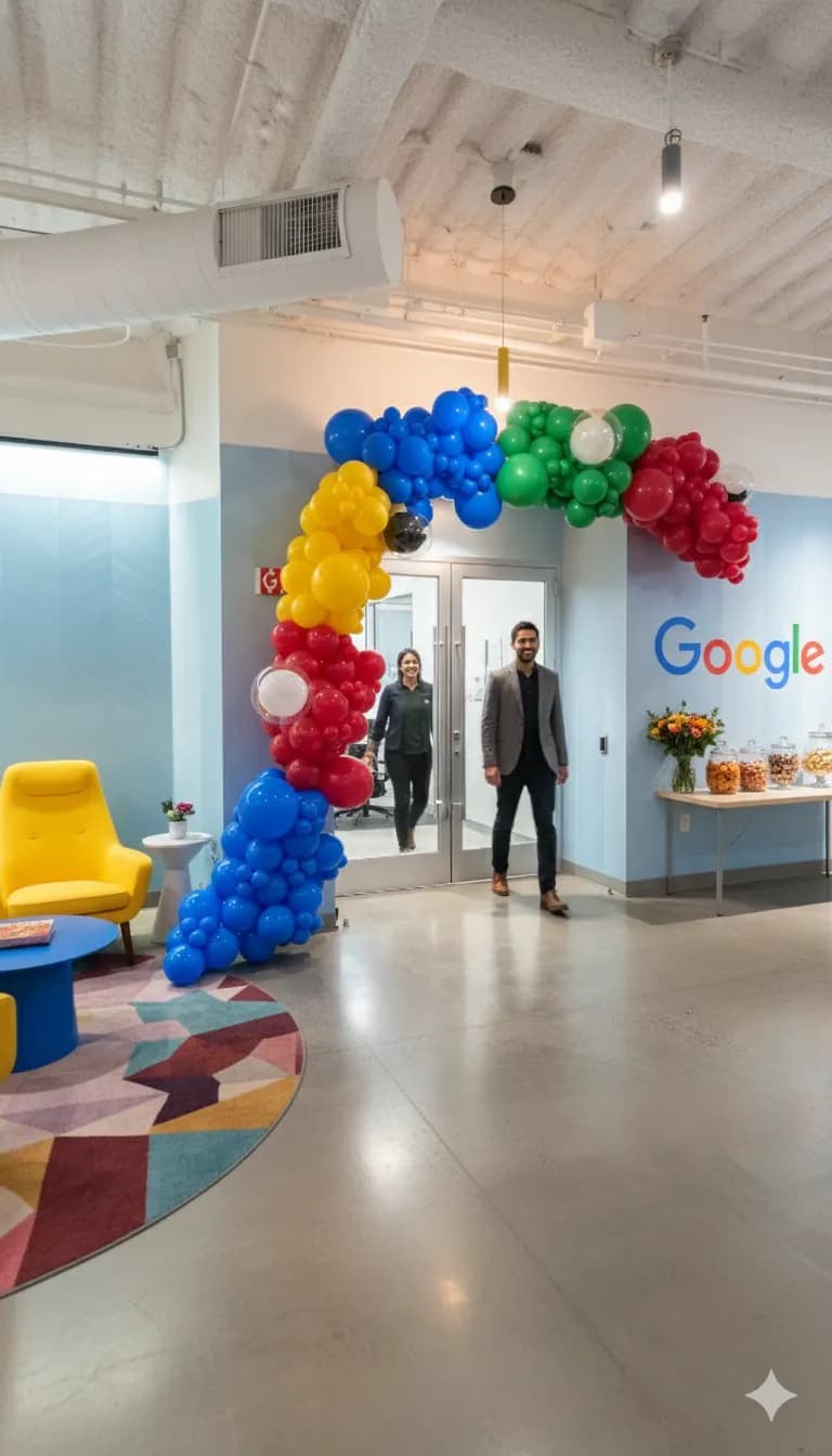 Branded office balloon arch for Google at the Office Event in San Francisco, California.