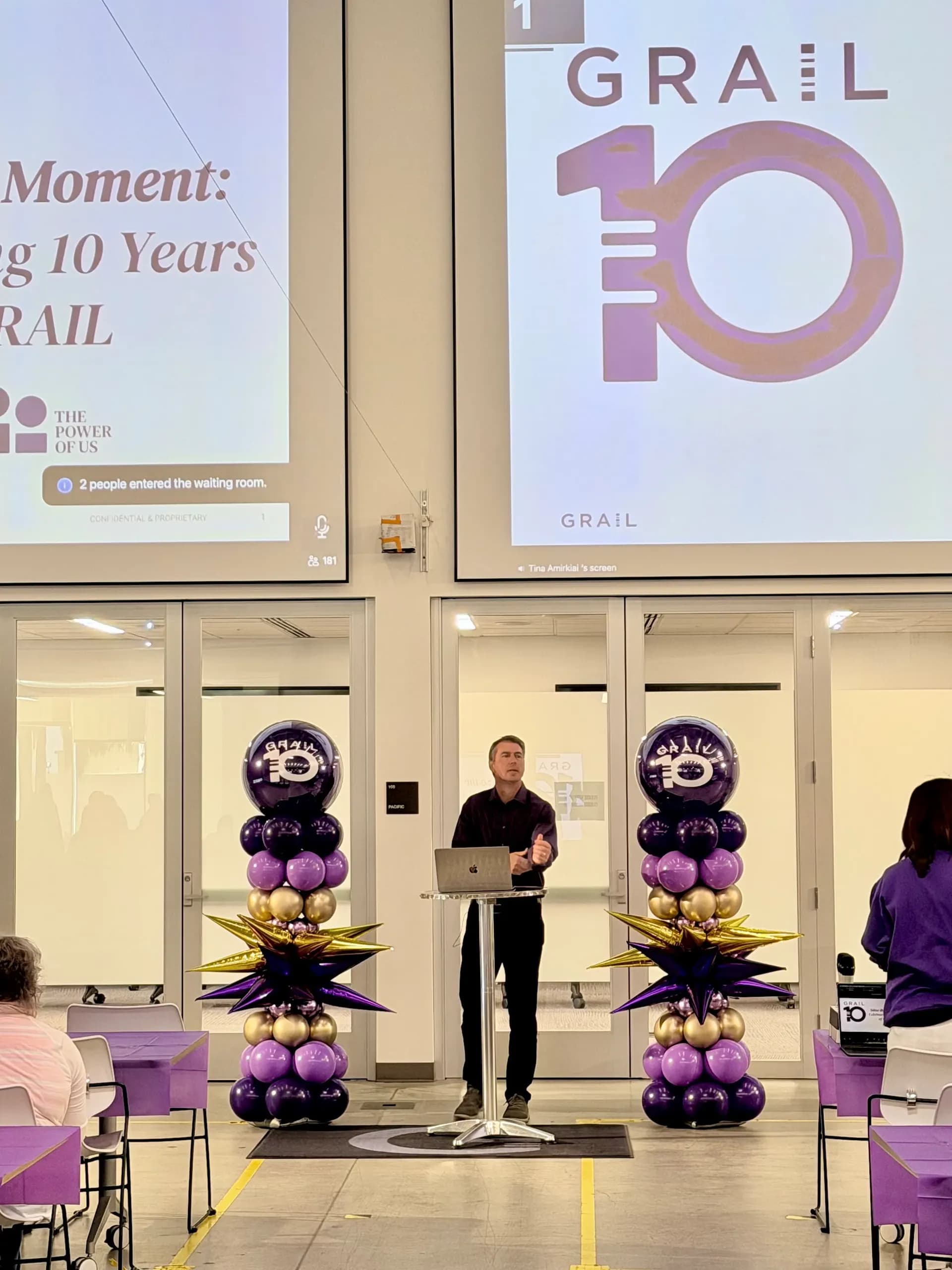 Branded balloon arch, backdrop and starburst columns for GRAIL at the 10-Year Anniversary Celebration in San Francisco Bay Area.