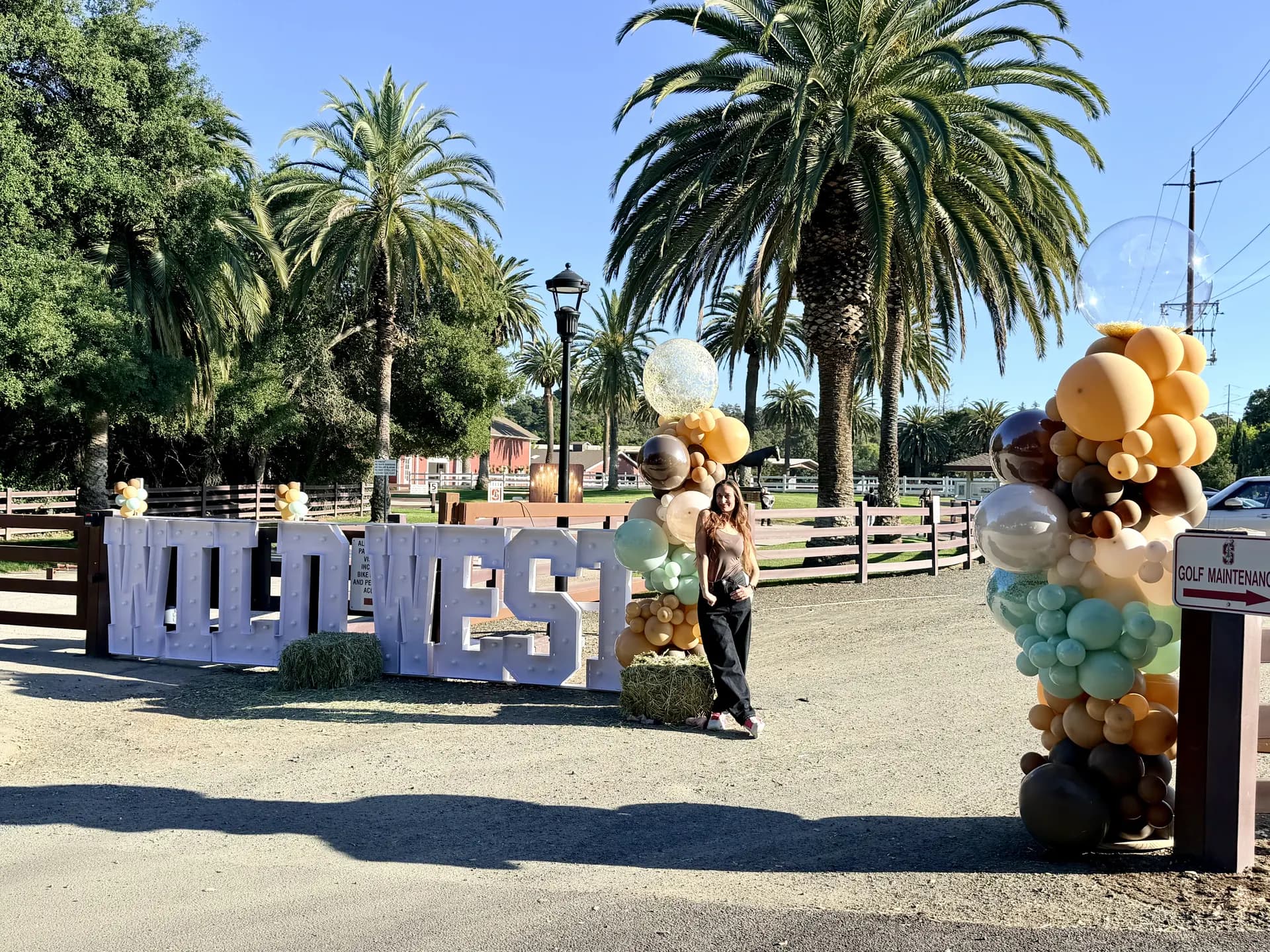 Stanford University's Wild West Alumni Spring Party in San Francisco Bay Area, California: freestanding Wild West letters and organic balloon columns, view 8 of 8.
