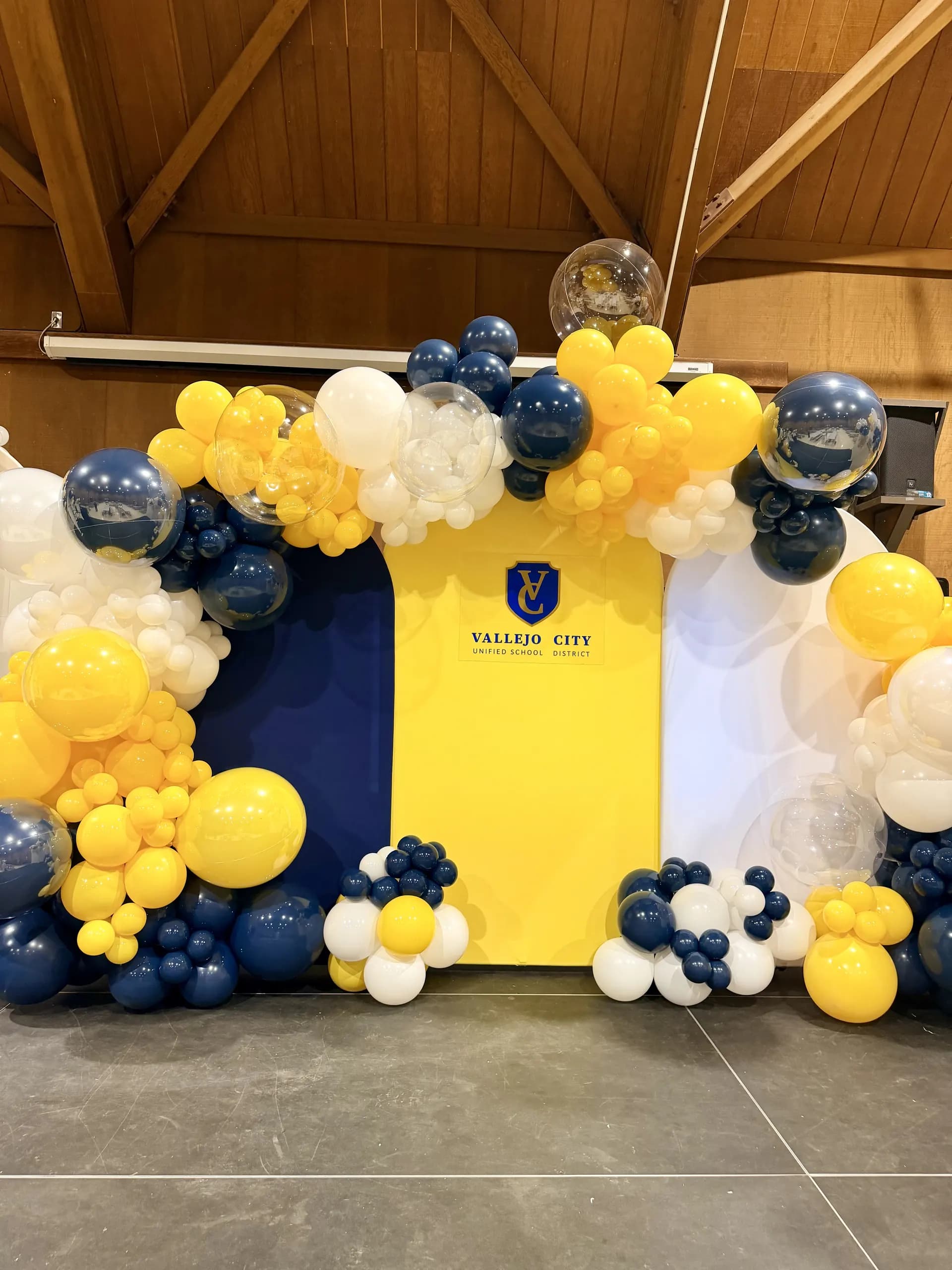 Vallejo City Unified School District's Career Fair in Vallejo, California: organic balloon backdrop and career-path arch panels, view 2 of 8.