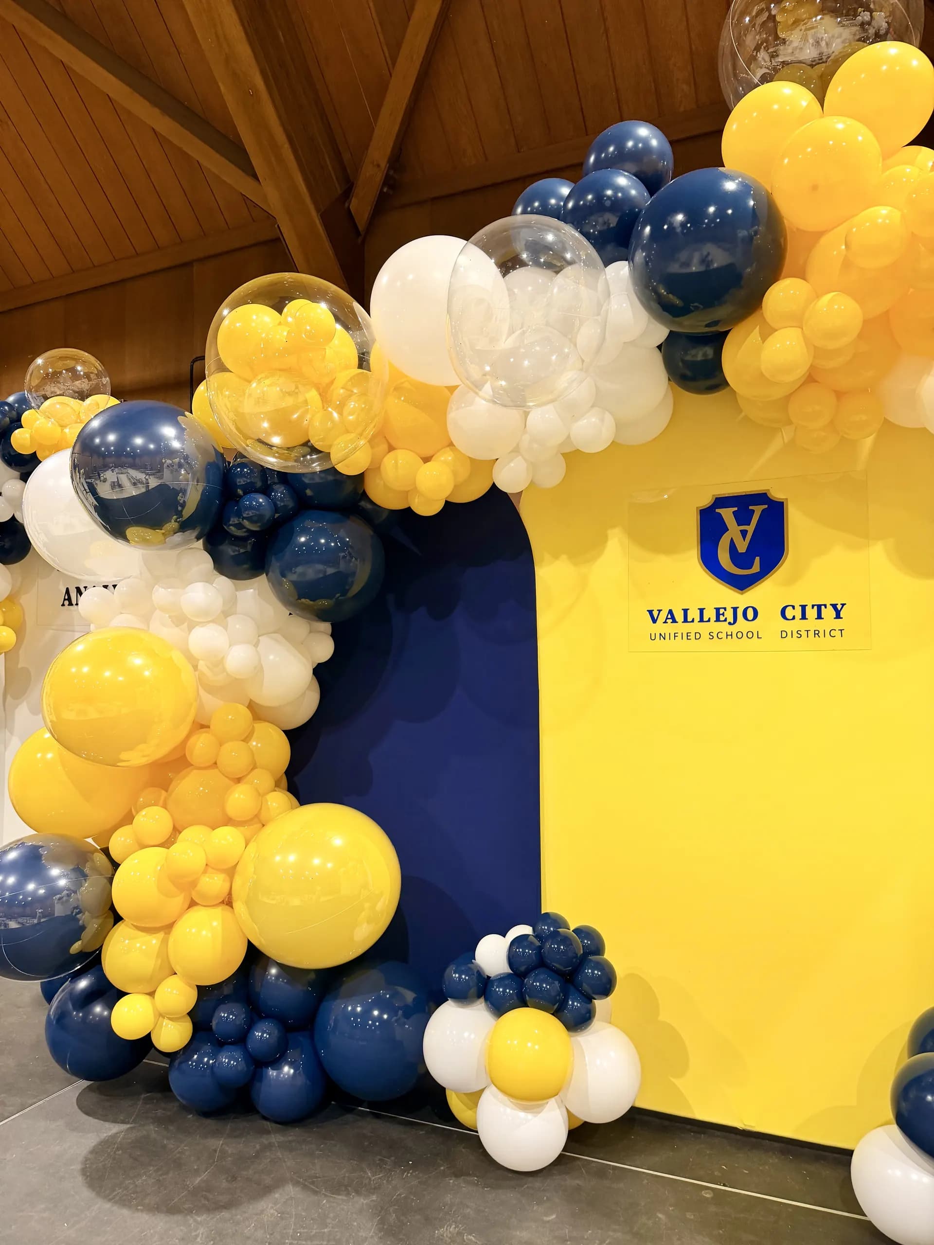 Vallejo City Unified School District's Career Fair in Vallejo, California: organic balloon backdrop and career-path arch panels, view 8 of 8.