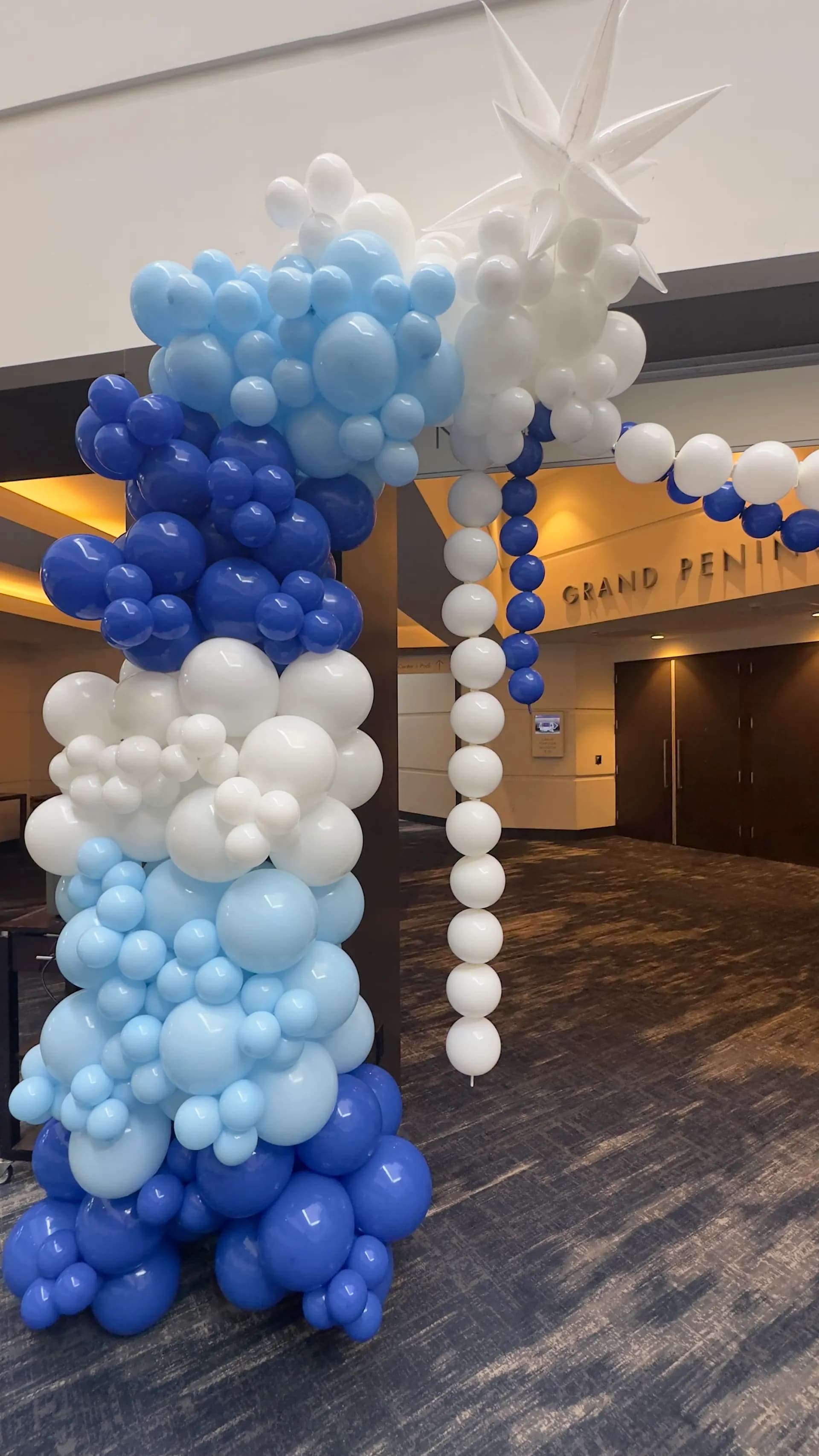 Blue-and-white entrance balloon arches produced by Balloon Décor for a corporate client in Hyatt Regency San Francisco Airport, view 3.