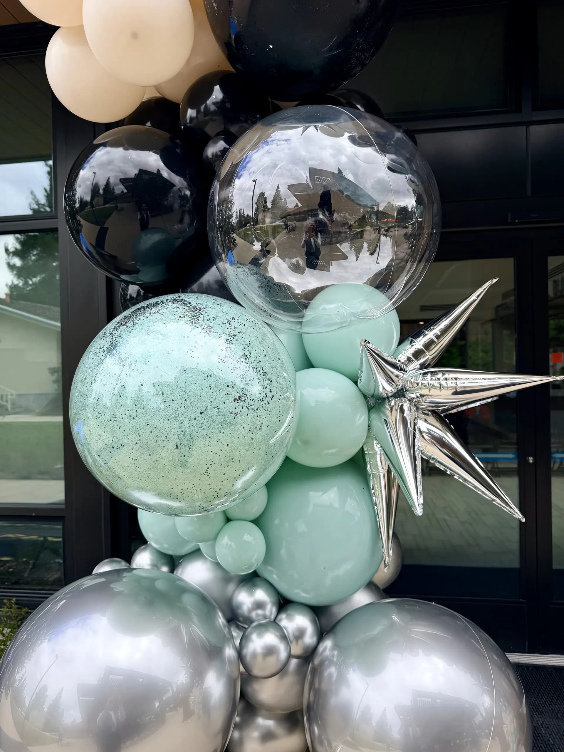 Redwood City Veterans Memorial Senior Center's Grand Opening in Redwood City, California: large-scale entrance balloon arch and interior balloon installation, view 8 of 8.